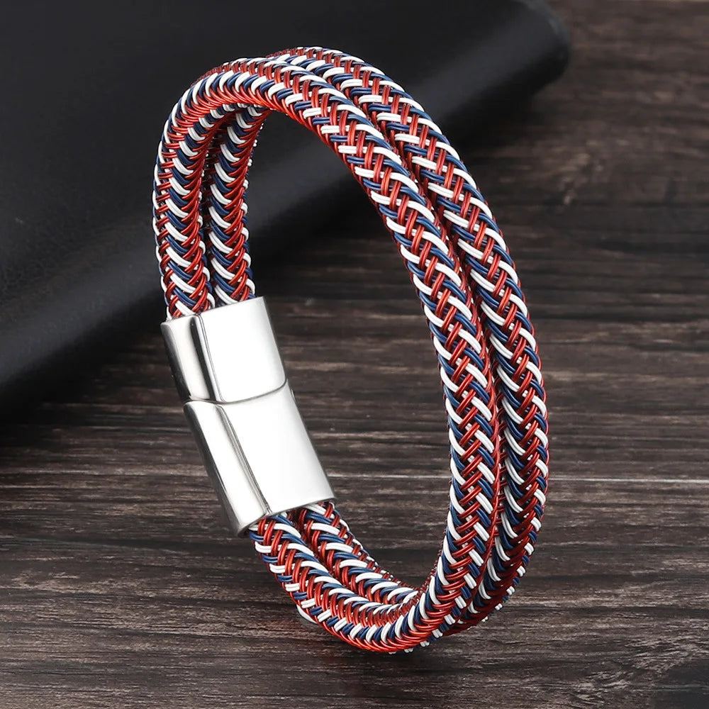 21cm Jewelry Leather Bracelet Bangle Stainless Steel Magnetic Clasp Cable Wire Black Leather Bracelet for Man