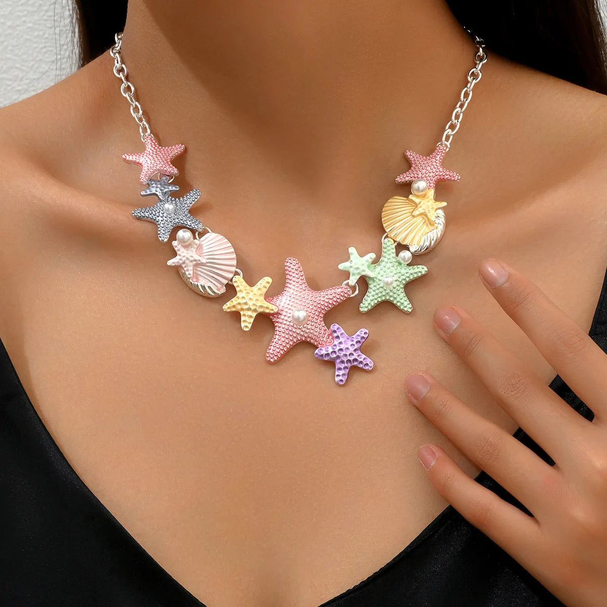 Vintage Dainty Starfish Diamond Imitation Pearl Necklace Cross-shaped Beach Style Alloy Zinc Alloy for Girls' Anniversary