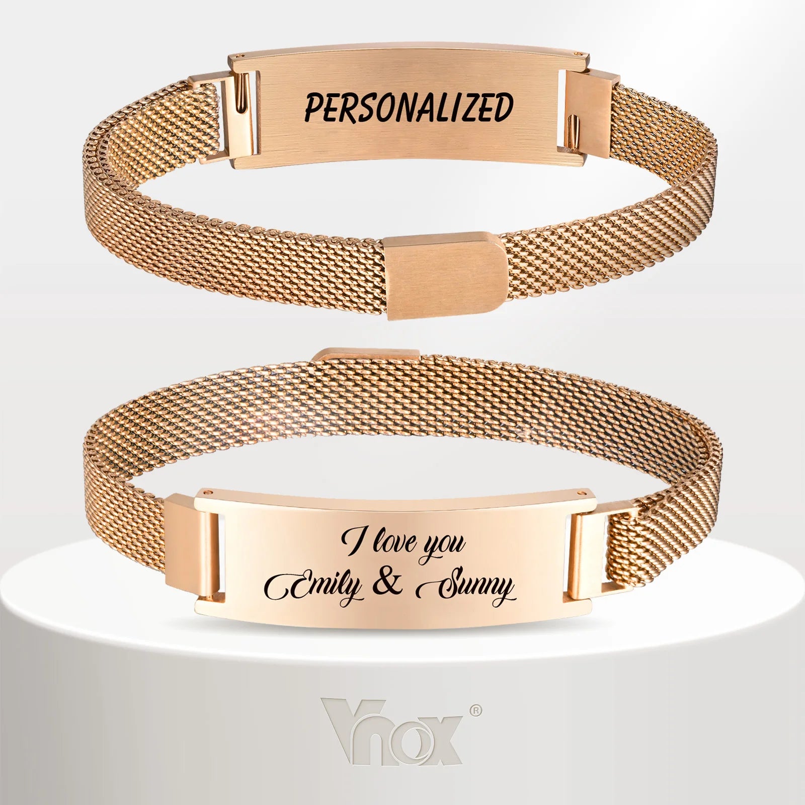 Vnox Magnet Clasp 316L Stainless Steel Mesh Chain Adjustable Two Side Engraved Personalized Men Women Bracelet