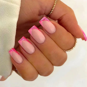 French Square Full Cover Fake Artificial Hand Fingernails Tips Art Set Pink Glitter Press on Nails Supplies