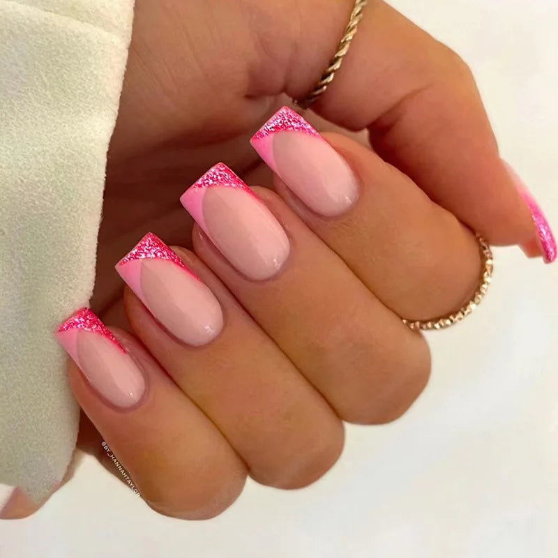 French Square Full Cover Fake Artificial Hand Fingernails Tips Art Set Pink Glitter Press on Nails Supplies
