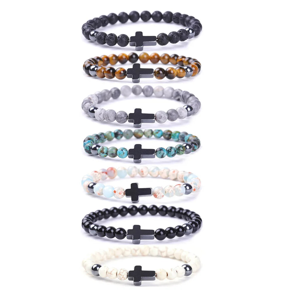 Precious Natural White Black Stone Jesuschrist Cross Pendant Beaded Bracelet Trendy Style Jewelry