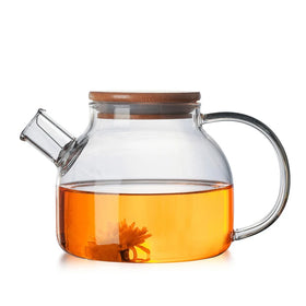 Handmade Heat Resistant Borosilicate Glass Teapot 1000/1500/1800ml - Bamboo Lid Removable Infuser Dishwasher Safe