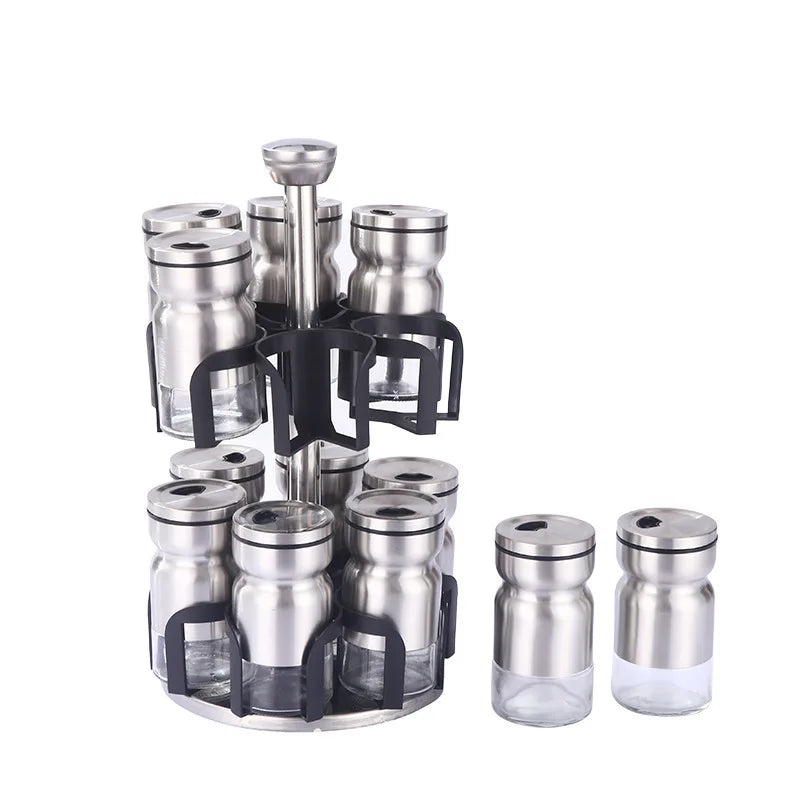 Rotating Seasoning Salt Rack With Glass Bottles Rotary Spice Rack