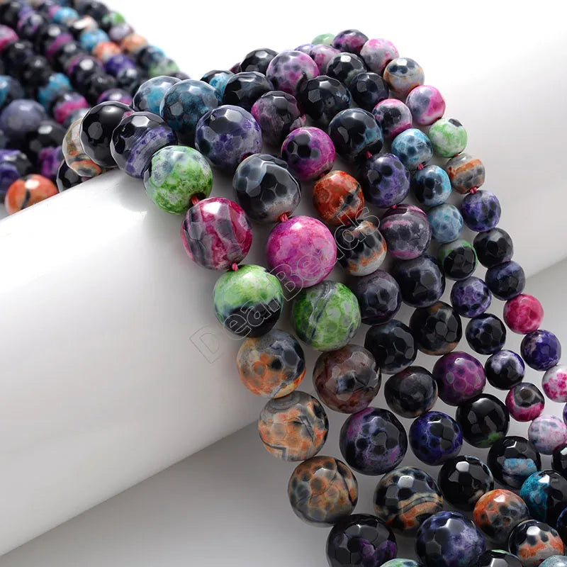 Natural Faceted Fire Agate Beads Pink Blue Orange Black Purple Round Fecet Fire Agate Loose Stone Bead With 6mm 8mm 10mm