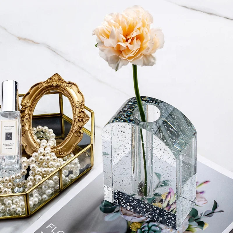 Modern Decorative Handmade Geometric Cut Wedding Table Decoration Transparent Bubble Crystal Glass Flower Vase
