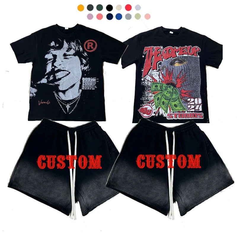 Custom Logo Heavyweight High Quality O-Neck Oversized Drop Shoulder Boxy Fit Vintage Washed DTG Print Men's T-shirt Sets