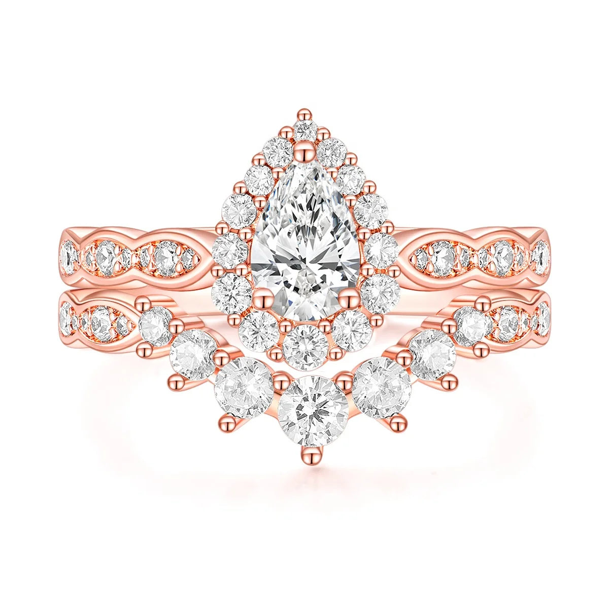 OAHLAN Rose Gold Plated & Silver Fashion Women's Jewelry 1CT Pear Cut Cubic Zircon Copper Ring Set  Wedding Band Engagement