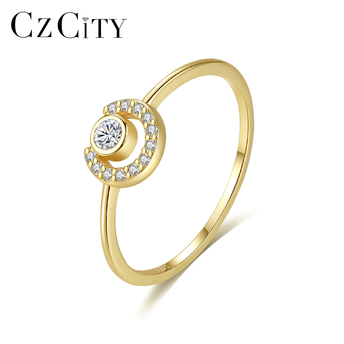 CZCITY New Geometric Style 925 Sterling Silver CZ Fine Jewelry Women 14k Gold Plated Cubic Zirconia Ring
