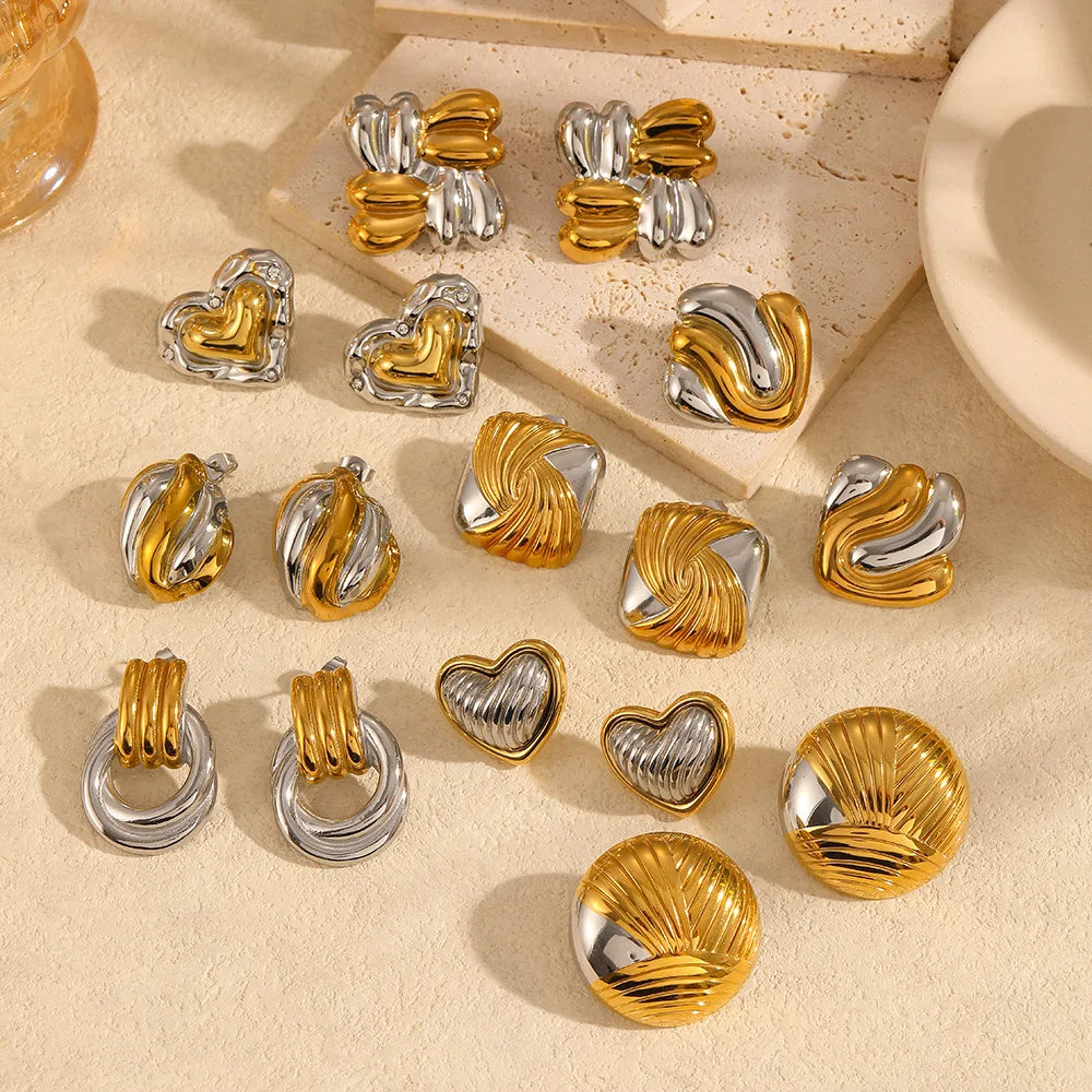 Boucle D'Oreille Stainless Steel Two Tone Heart Earring for Women Waterproof Hypoallergenic Wholesale Bulk Stud Earrings