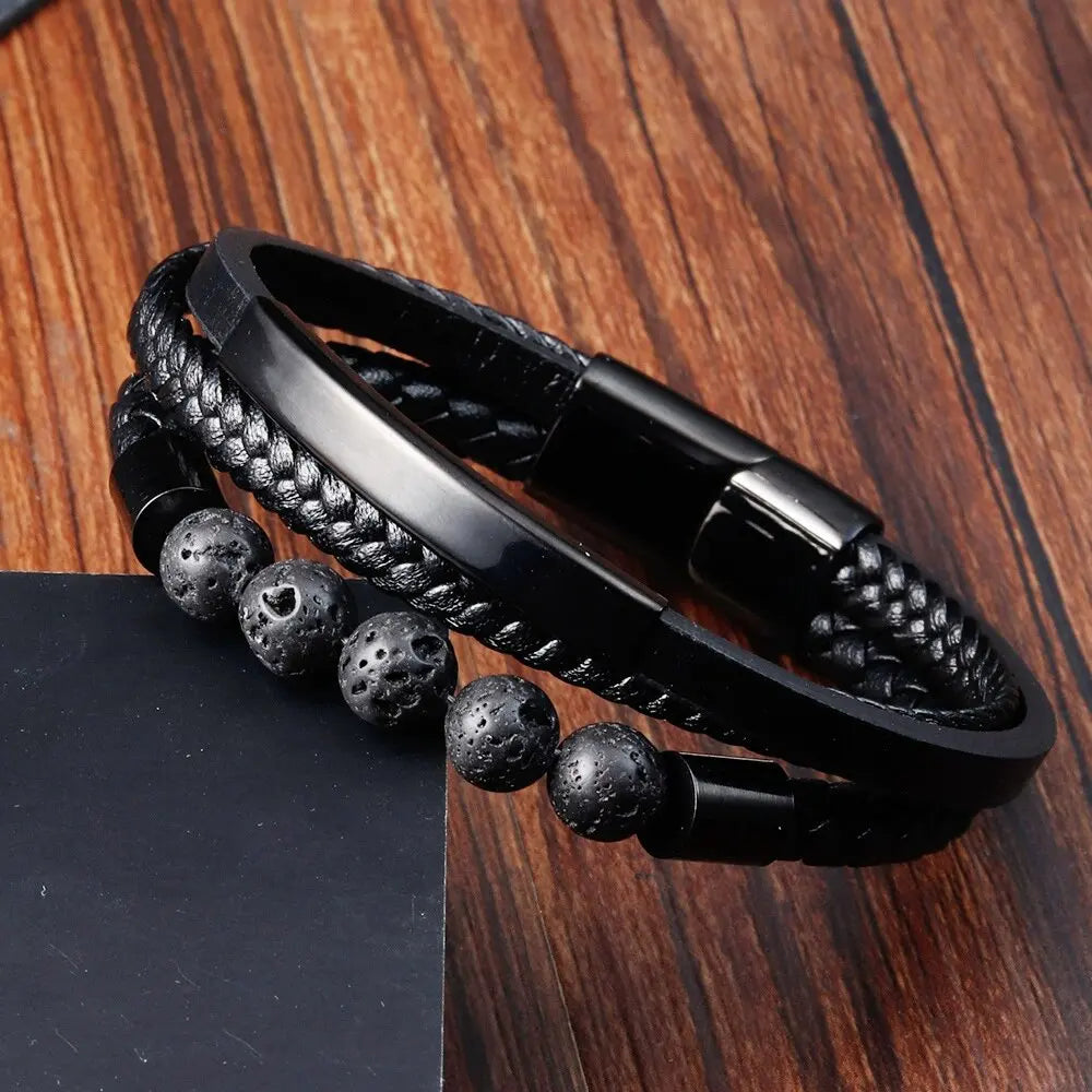 Luxury Creative Men's Double Layer Braided Real Leather Bracelet with Lava Stone Beads PVD Black Stainless Steel Magnetic Clasp
