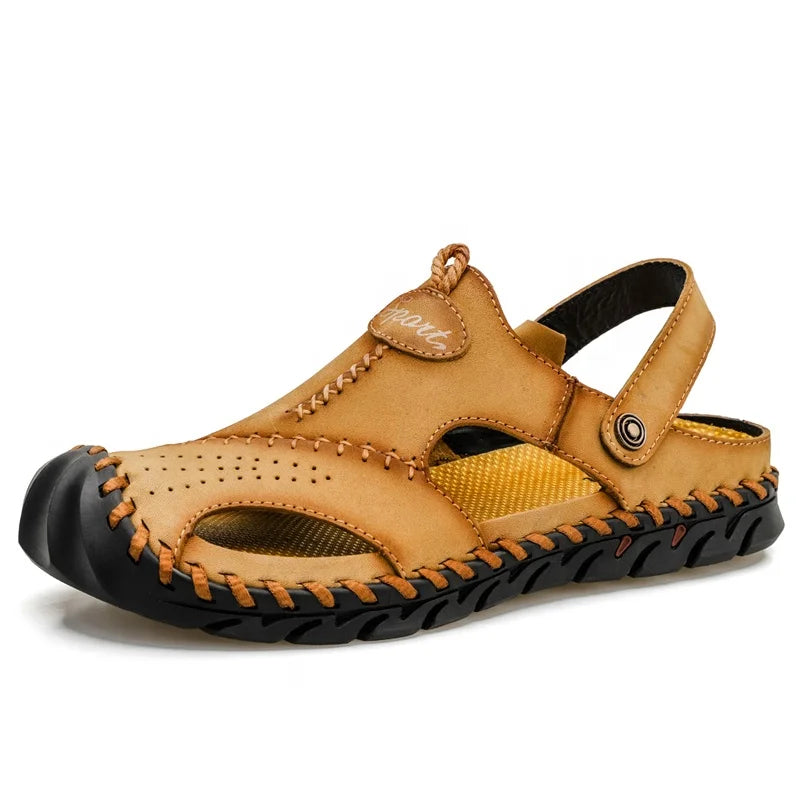 Best Selling Men's Summer Leather Sandals Height Increasing Beach Slippers for Outdoor Activities Genuine Lace Upper Material