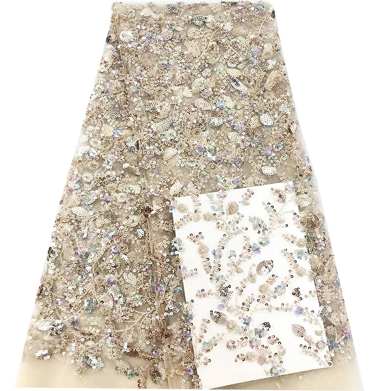 Gold Beads Nigerian Embroidery Mesh Shiny Sequined Lace Fabric