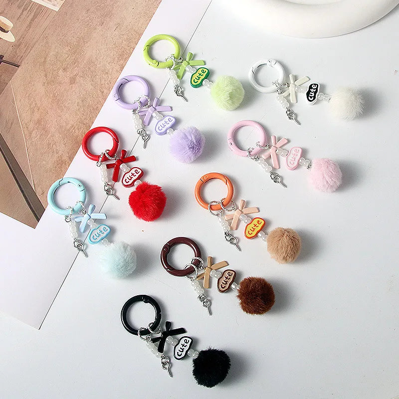 Sheep Eye Nail Buckle Cute Bead Fur Hair Ball Plush Pompom Keychain Bow Pendant Keyring for Women  Jewelry Bag Accessories Gift