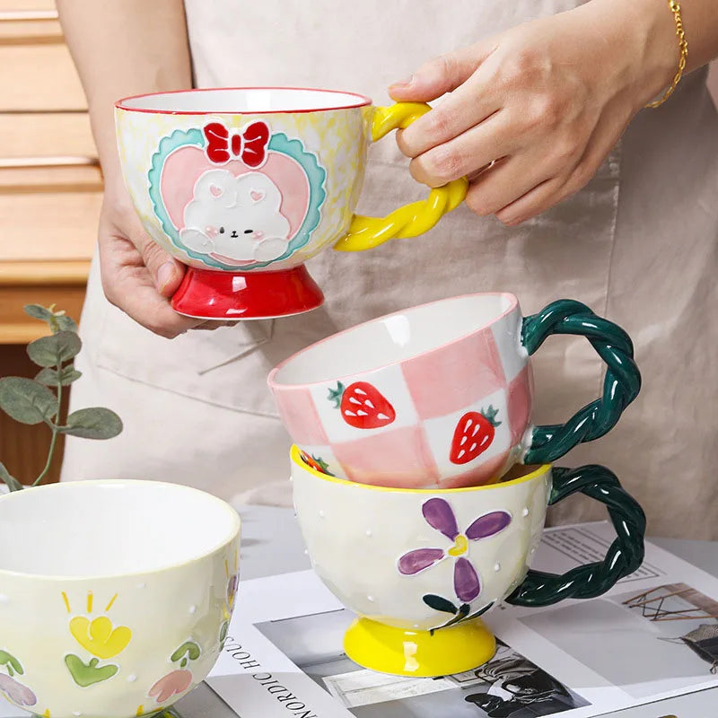 Ceramic Hand Painted Embossed Twist Handle Breakfast Mug Large Capacity Oatmeal Cup