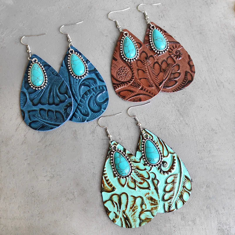 Vintage Embossed Leather Waterdrop Shape Blue Turquoise Stone Dangle Earrings for Women Mom