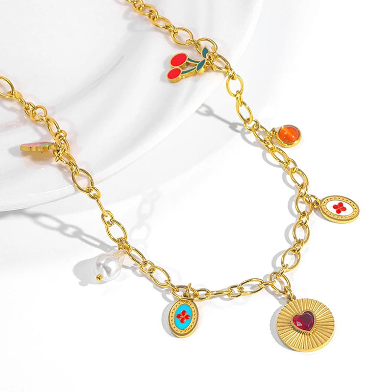 Women's Stainless Steel Jewelry Accessory DIY Gold Plated Flower Heart Shaped Link Chain Necklace