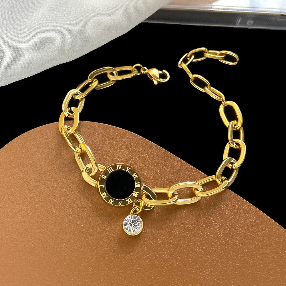 Simplified Titanium Steel Diamond Inlaid Roman Digital Bracelet