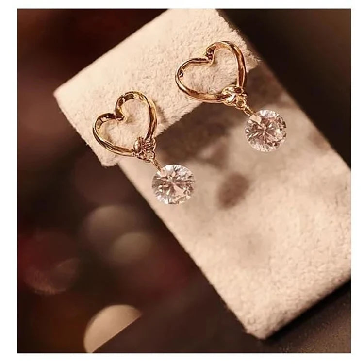 New Fashion Gold Heart Cutout Cute Pendant Zircon Accessories Earrings for Women