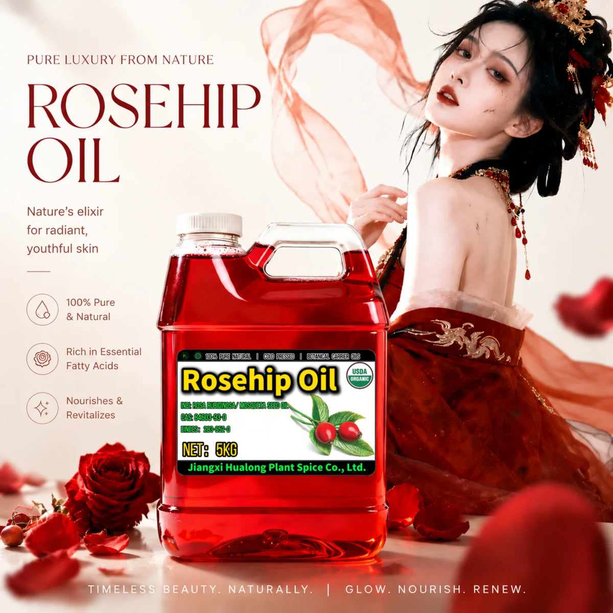 Rosehip Seed Oil Organic for Face Body Skin - 100% Pure Natural Cold Pressed Rosa Mosqueta Carrier Oil Unrefined | Bulk 1kg