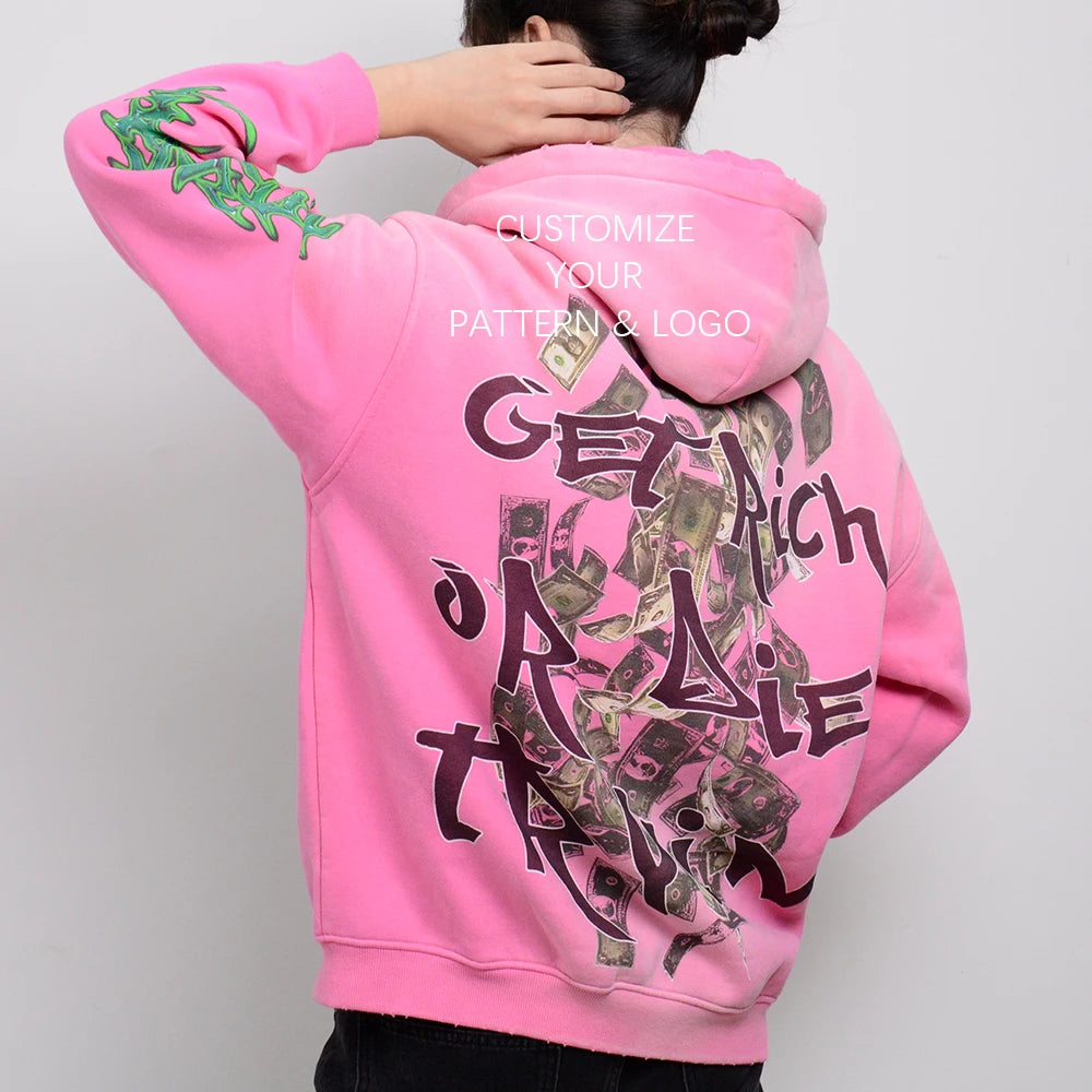 YinQu Streetwear Hoodie Heavy Weight Thick Fabric Cut and Sew Zipper Vintage Embroidery Cropped Raw Hem Hoodies