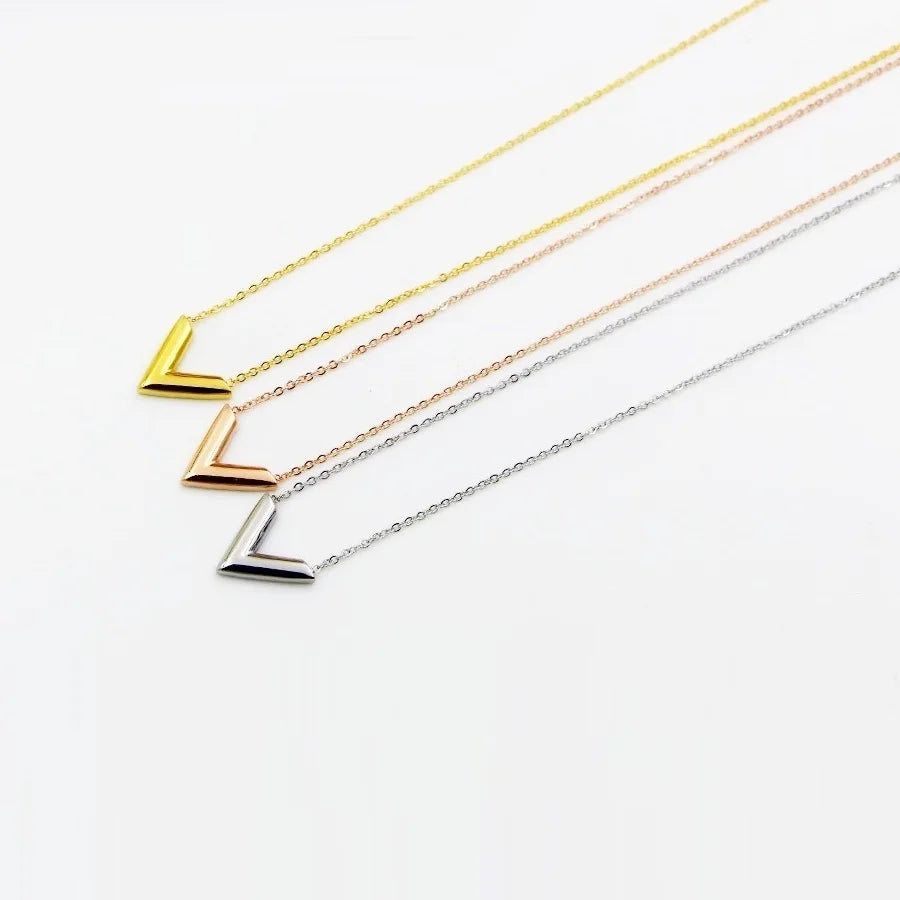 Fashion Bijoux Women Jewelry 3 Color Plated Stainless Steel Initial Letter V Shape Charm Pendant Necklace