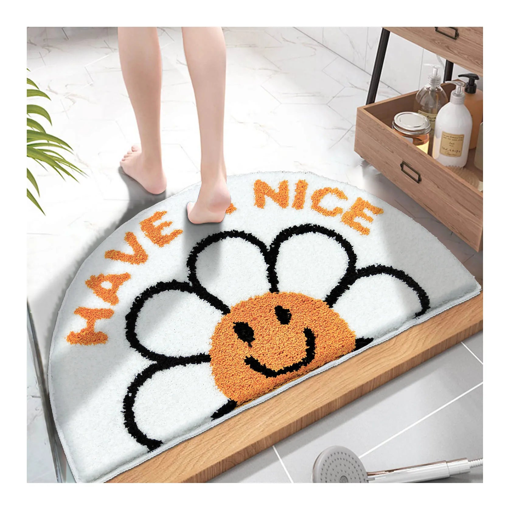 Sun Flowers Fluffy Cartoon Non-slip Mat Absorbent Half Circle Bath Mat for Kid Bathroom