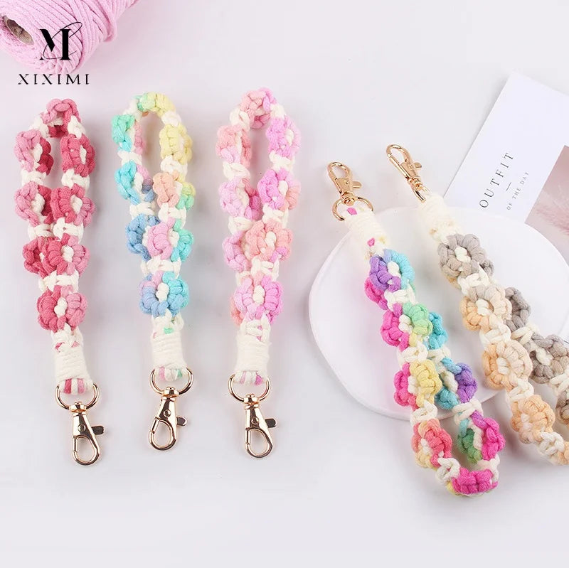 Xiximi Wristlet Handmade Wrist Lanyard Weave Flower Keyring Holder Daisy Cotton Cord Phone Wristband Pearl Flower Keyring