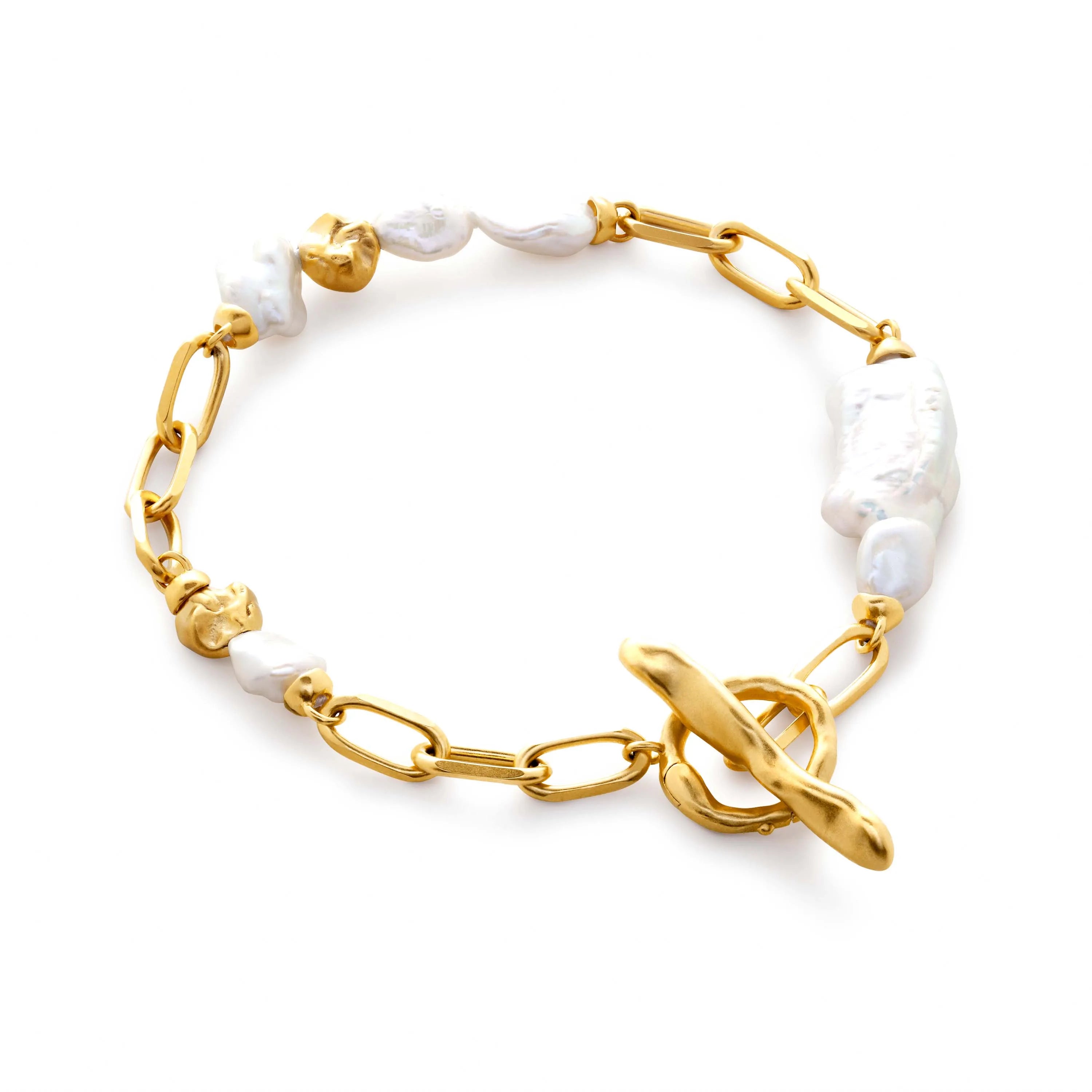 Milskye Custom Classic Timeless 925 Sterling Silver 18k Gold Pearl Asymmetric T-Bar Chain Bracelets