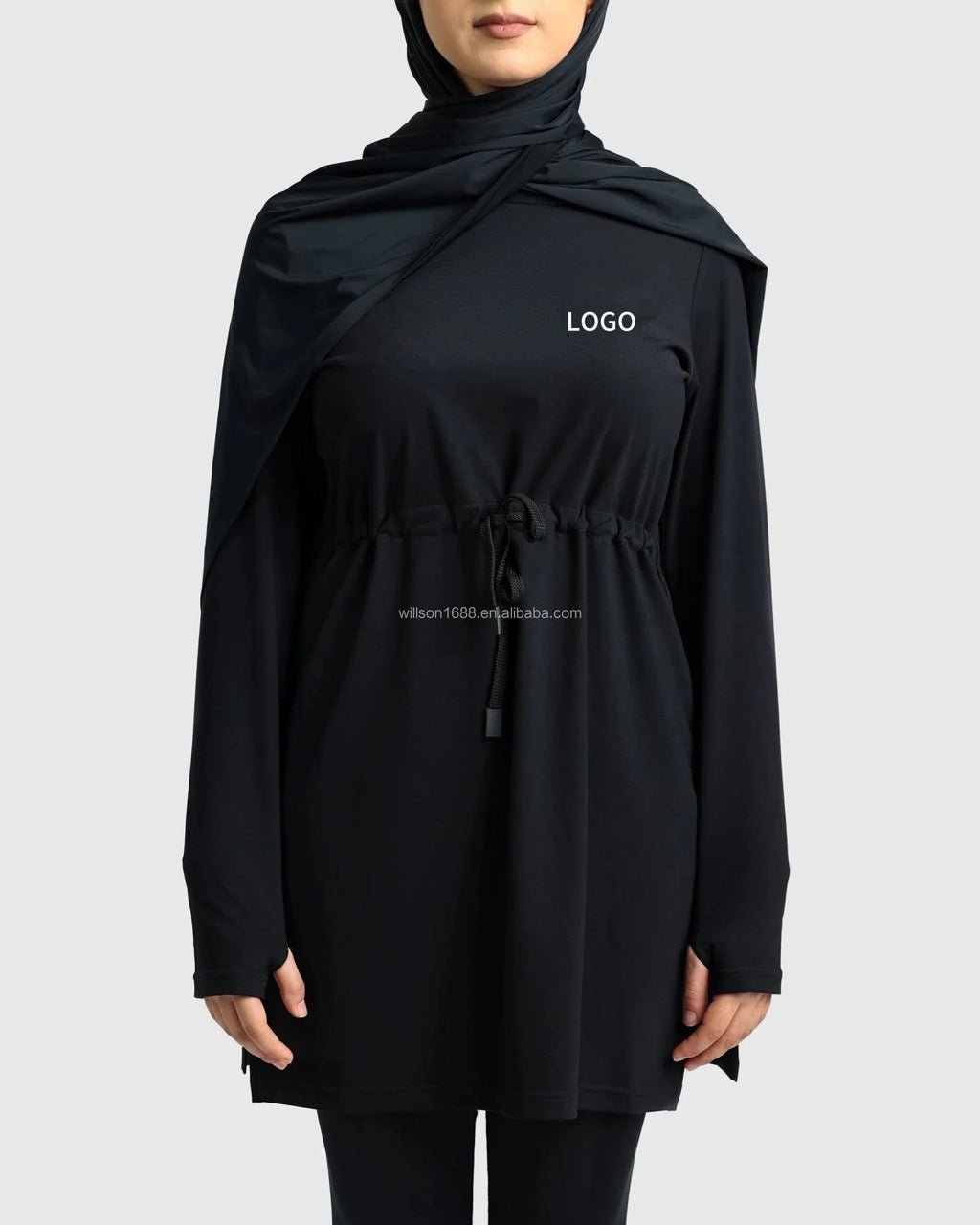 Modest Active Top with Drawstring Thumbholes Lightweight Breathable Polyester Fabric Plus Size Length Cover Gluts