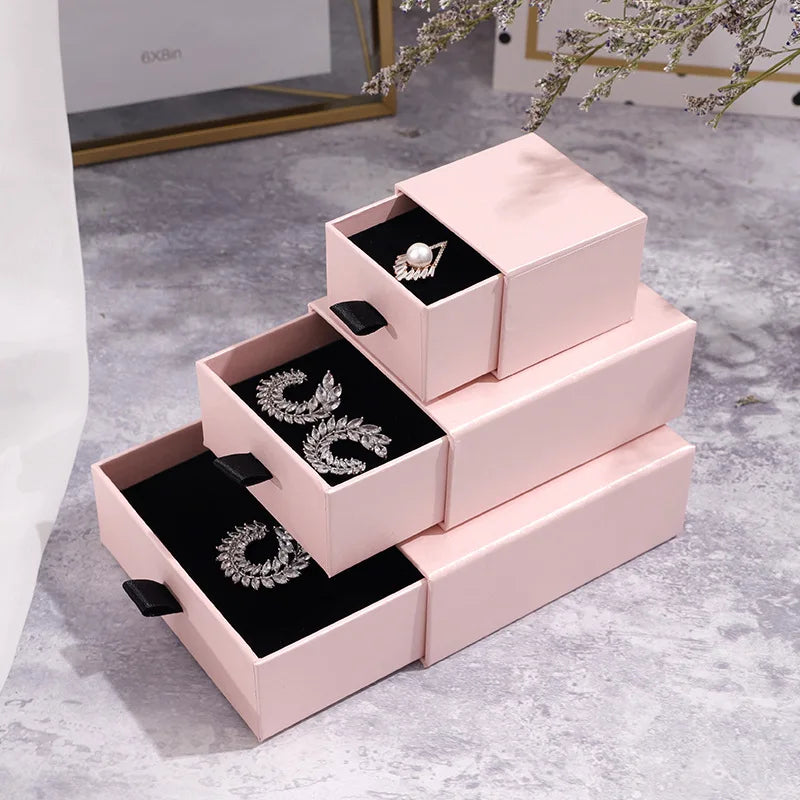 Thick Sliding Paper Jewelry Packaging Box Logo Printed Drawer Necklace Cardboard Jewelry Sliding Boxes with Black Foam