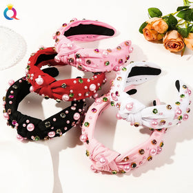 QIYUE Colorful Rhinestone Pearl Headband Knotted Hair Band Luxury Women Hair Accessory