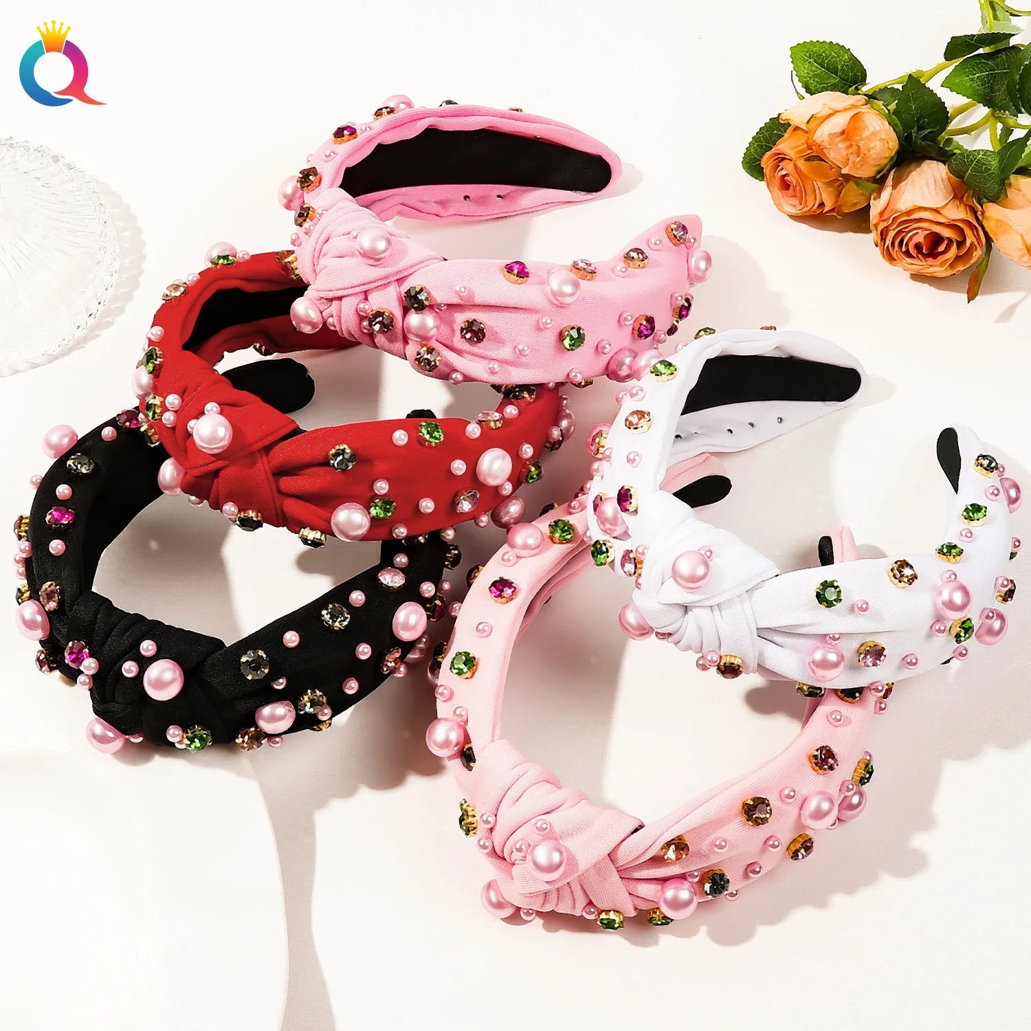 QIYUE Colorful Rhinestone Pearl Headband Knotted Hair Band Luxury Women Hair Accessory