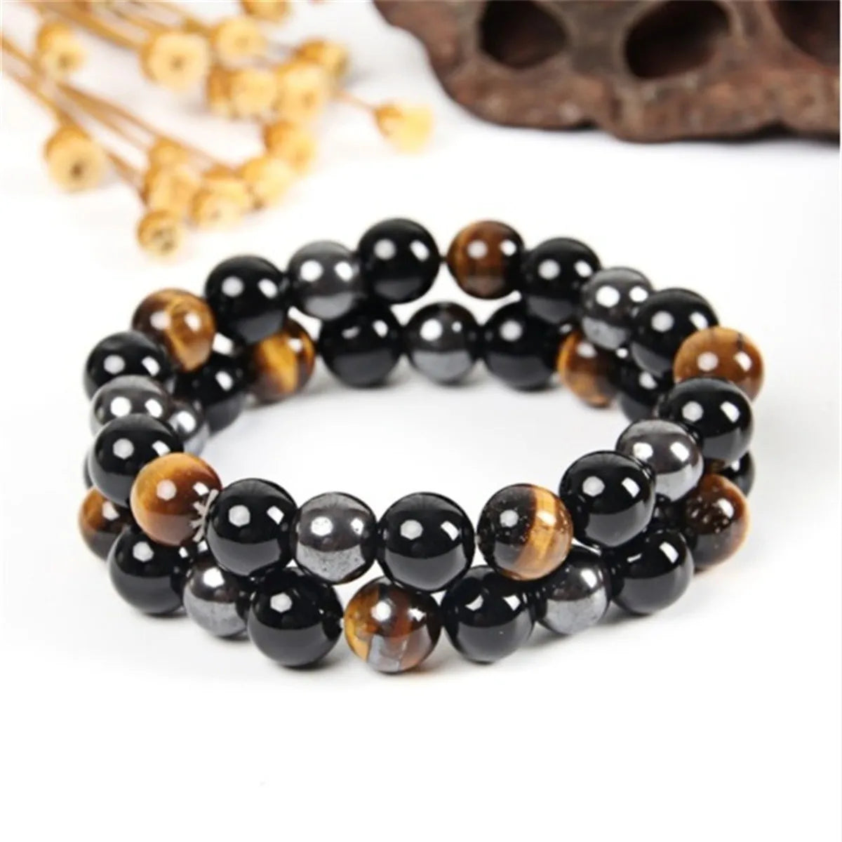 Energy Healing Trendy Stretch Black Obsidian Hematite Tiger Eye Bangle for Unisex Anniversary