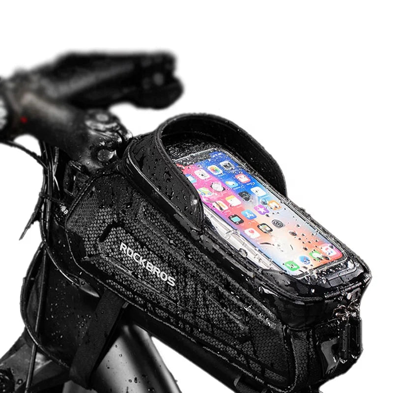 OEM IPX2 Waterproof 6.0' Front Tube Pannier for Cycling Bicycle Guaranteed Black Cover Touch Screen Frame Bag for Cell Phone