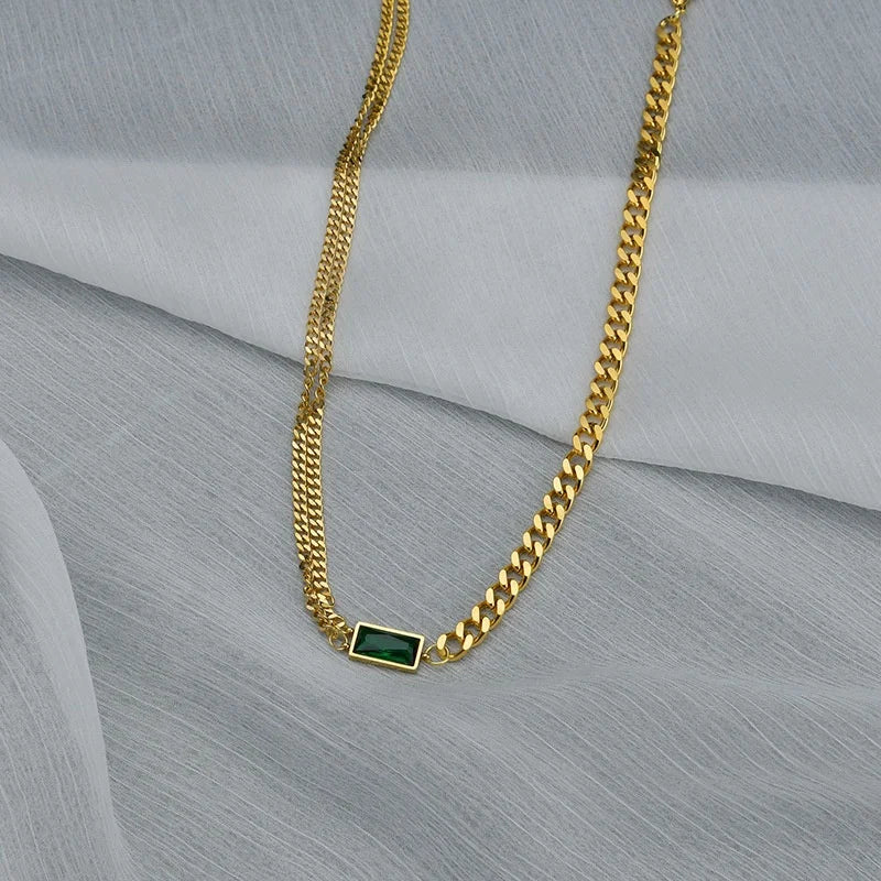 European and American Necklace Square Green Zircon Stitching Double-Layer Necklace Net Red Personality Simple Clavicle Chain