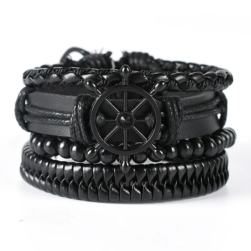 BINSHUO Wholesale Adjustable Retro Multilayer Wrap Rope Wheel Love Bangles Mens Leather Braided Charm Bracelets Vintage 4pcs/set