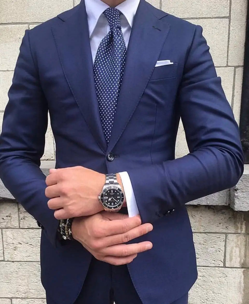 Fashion Navy Blue Mens Suits 2 Pieces Formal Business Blazer Tuxedos Notched Lapel for Wedding Groom Man ( Jacket+Pants)