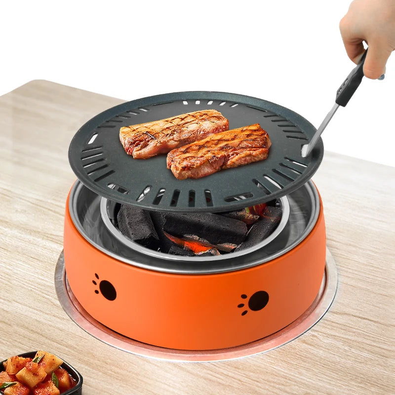 New 295mm Korean Commercial Round Charcoal Barbecue Stove Stainless Steel Semi Embedded Charcoal Bbq Grill for Restaurant