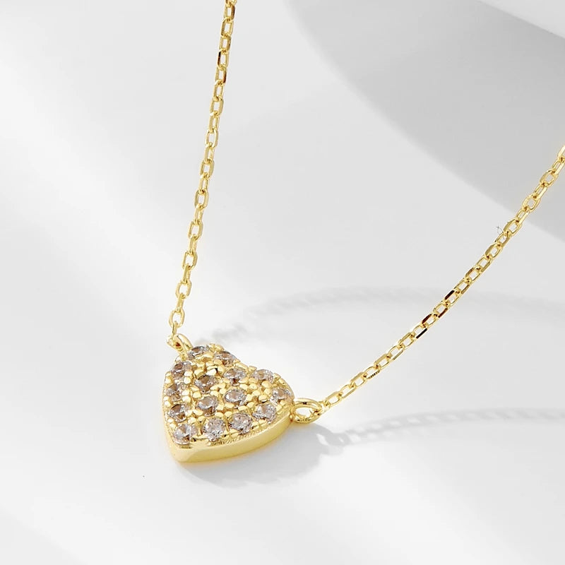 Delicate 14k Gold Plated Necklace Women Silver 925 Zirconia Diamond Heart Pendant Necklace