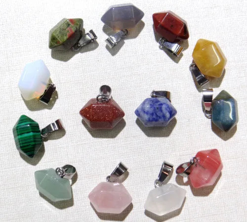 Natural Healing Crystal Agate Gemstone Hexagonal Bullet Head Two Pointed Pendant Necklace Accessories
