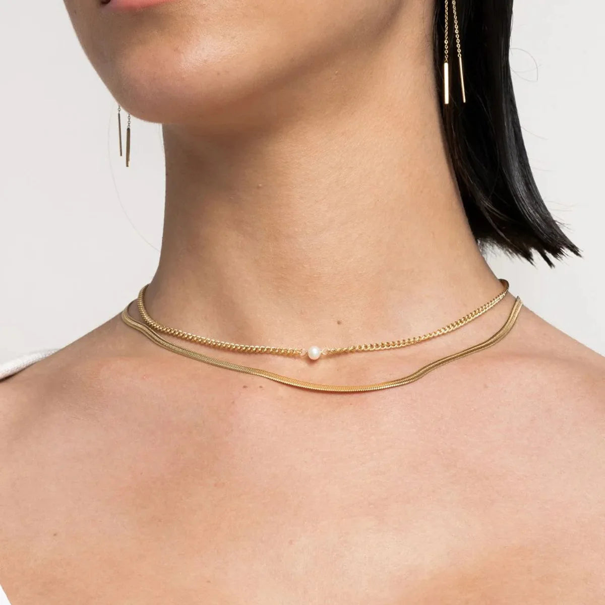 G3837 Wholesale Stainless Steel Double-Layer Dainty Pearl Necklace 18K PVD Gold Plated Clavicle Chain Chokers Necklaces