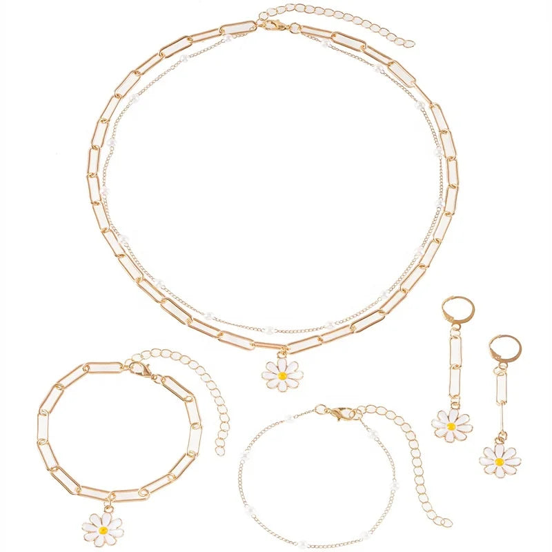 New Fashion Jewelry Set Bohemian Daisy Flower Pendant Necklace Earring Bracelet Sets
