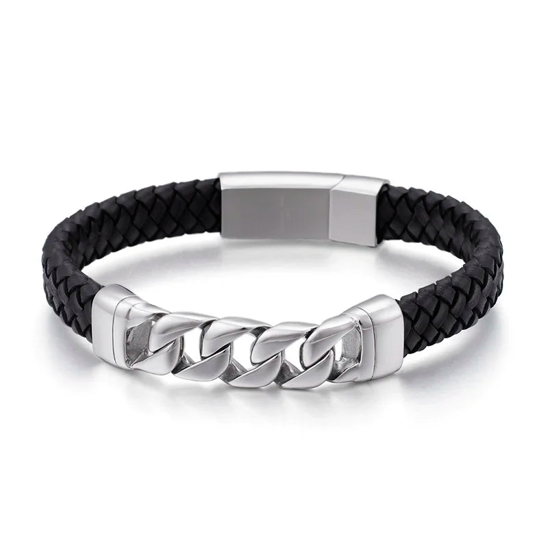 KALEN Braided Leather Stainless Steel Spring Clasp Charm Bracelet for Men
