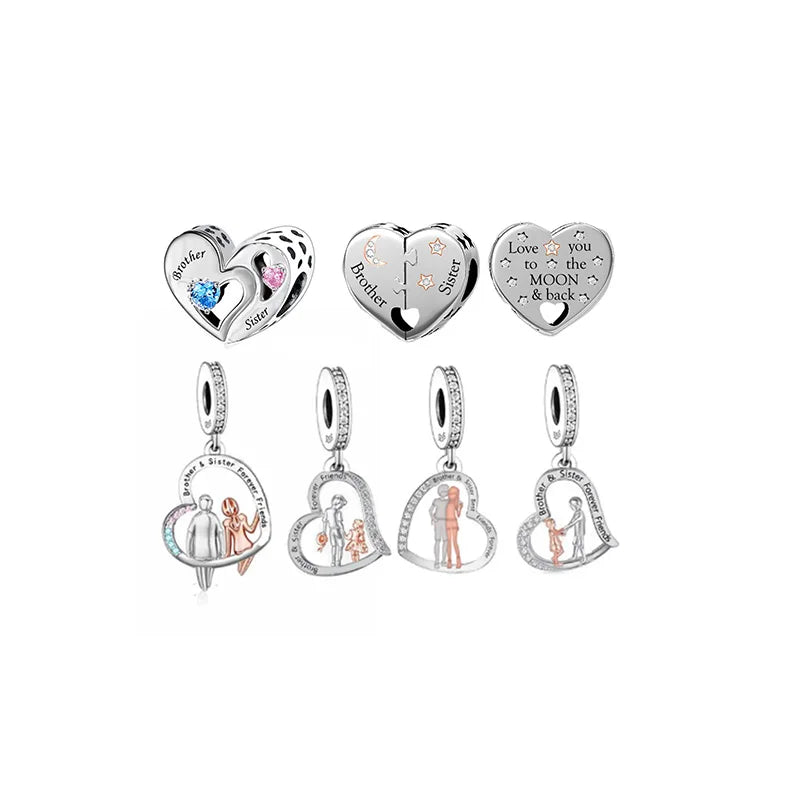 Fit Original Pan Charms Bracelet 925 Sterling Silver Brother Sister Love You to the Moon and Back Bead for Women Jewelry Making