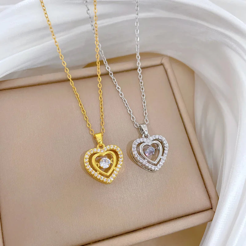 Collar De Acero Inoxidable 18K Gold Plated Zircon Crystal Heart Pendant Stainless Steel Necklace Women Clavicle Chain Jewelry
