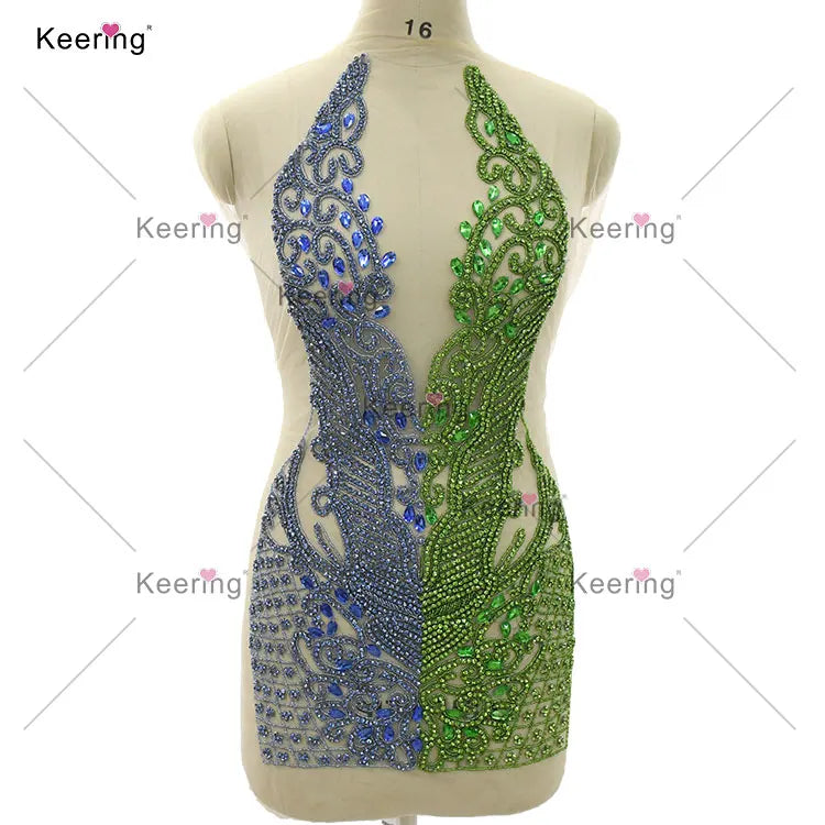WDP-395  Bodice Blue Green Flower Two Tone Handmade Crystal Beaded Rhinestones Applique Sew