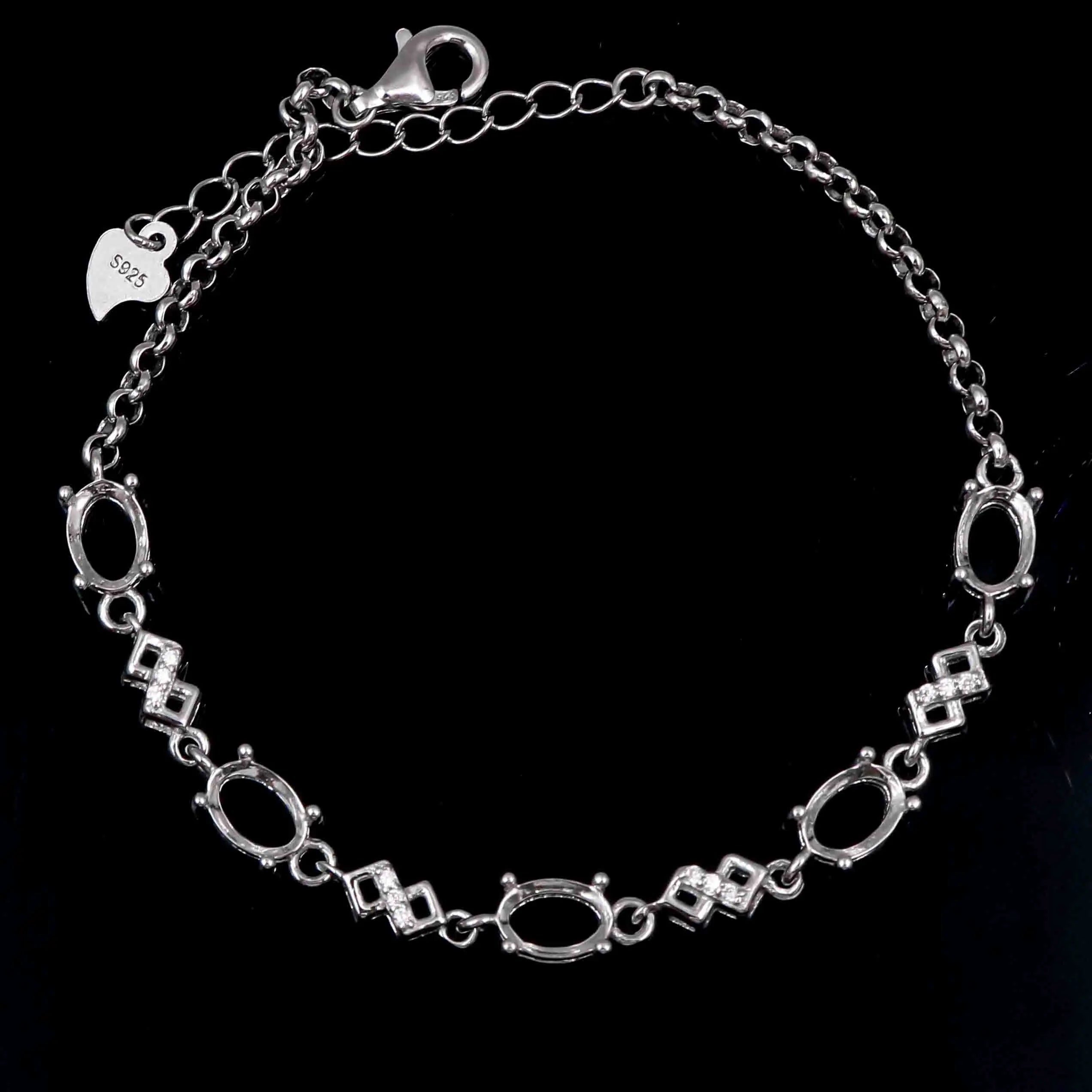 Sterling Silver 5*7mm Semi Mount Bracelet Empty Support Blank Claw Setting S925 Base Holder Without Center Stone for Inlay DIY