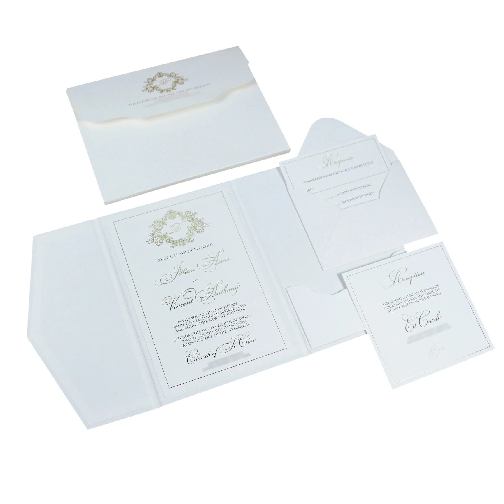 Personalized White Gold Tri-Fold RSVP Invitation Cards Paper Pocket Envelope for Wedding Event Music & Cross-Style Design