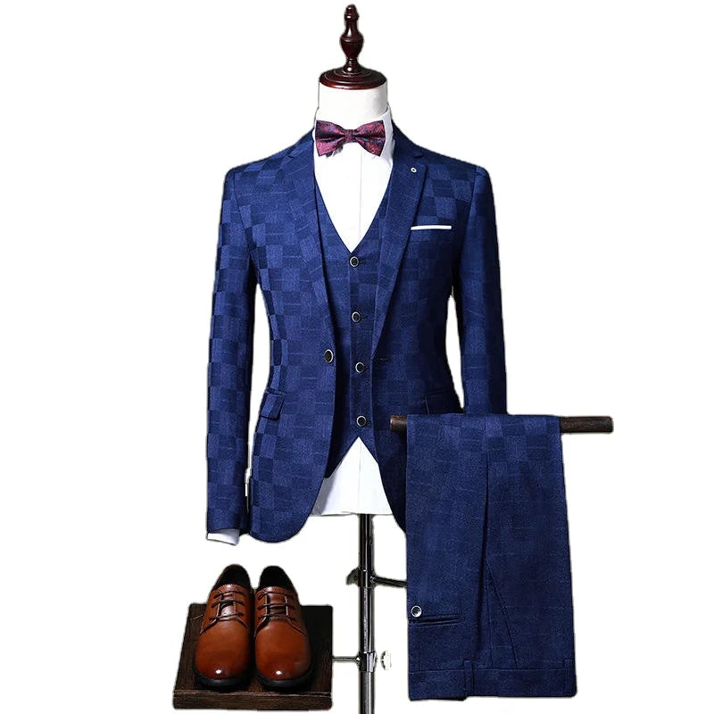 Hot Sell Burgundy Color Wedding Suits Men Classic 3 Piece Suit Plaid Groom Tuxedo Suits Set for Men's Clothing